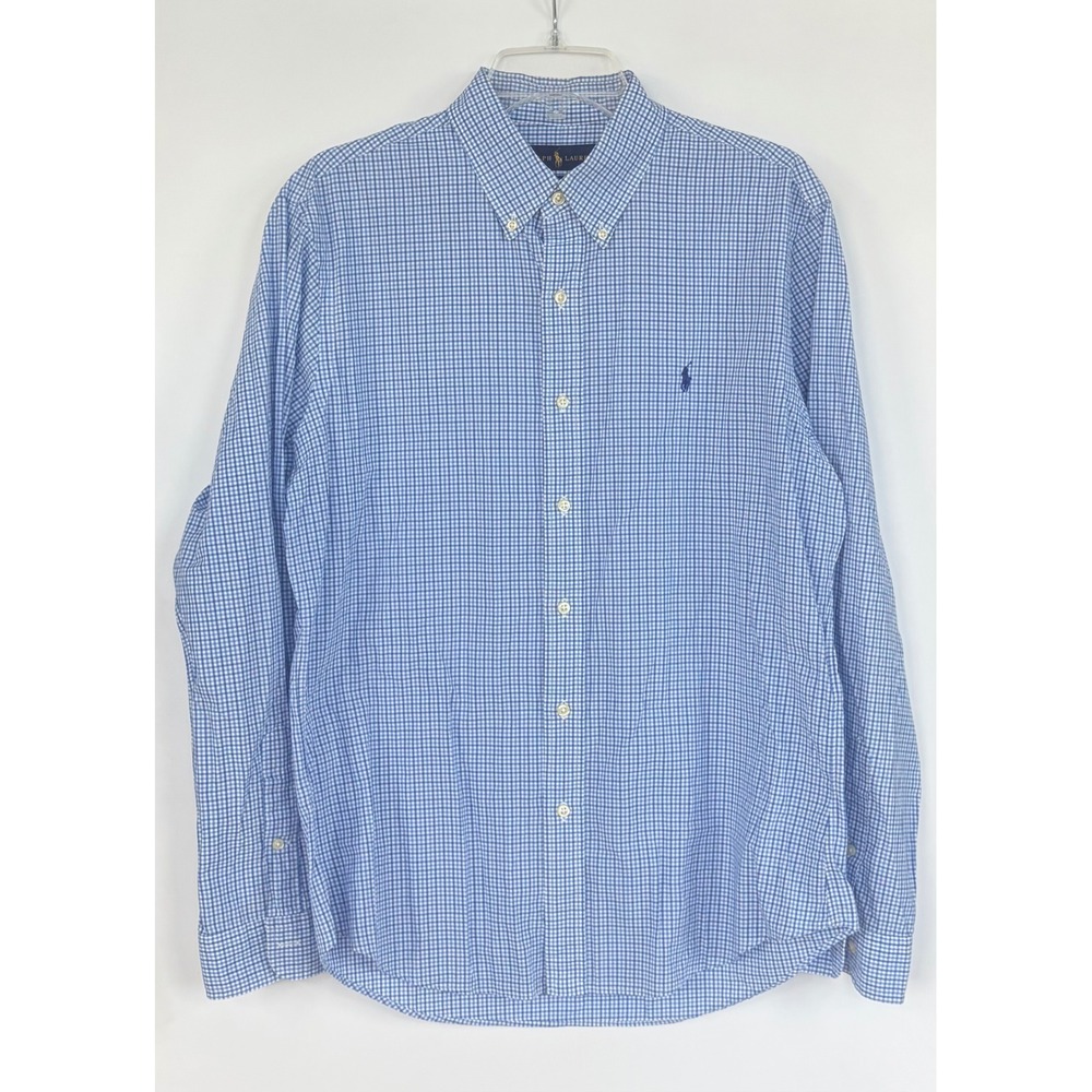 Ralph Lauren Slim Fit Gingham Button Down Shirt Men L Blue White Cotton preppy
